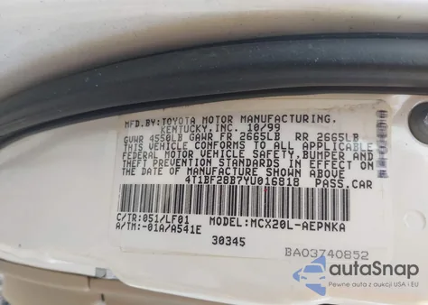 2000 Toyota Avalon Xl z USA, uszkodzony, nr VIN 4T1BF28B7YU016818